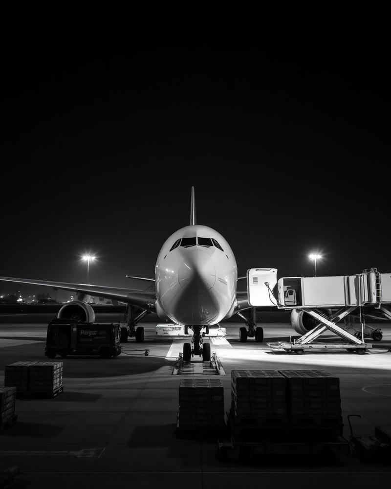 Cargo plane being loaded with freight pallets at night